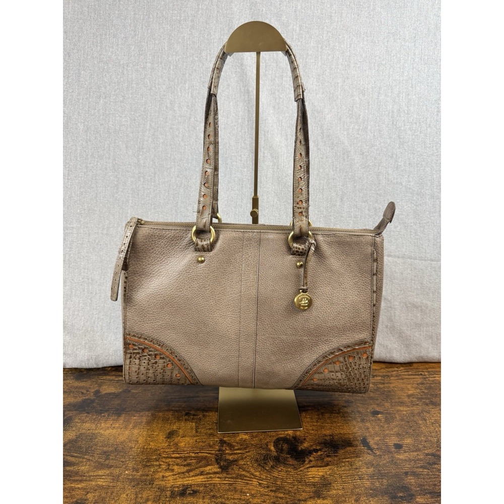 RARE Vintage Brahmin Taupe stone Leather Croc-Embossed trim &‎ handle Handbag